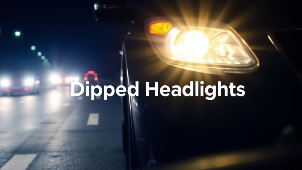 a car with its dipped headlights on, illuminating the road ahead. Include elements such as a dark road, oncoming traffic, and a clear distinction between the dipped headlights and high beams. The title 'Dipped Headlights' is displayed on it