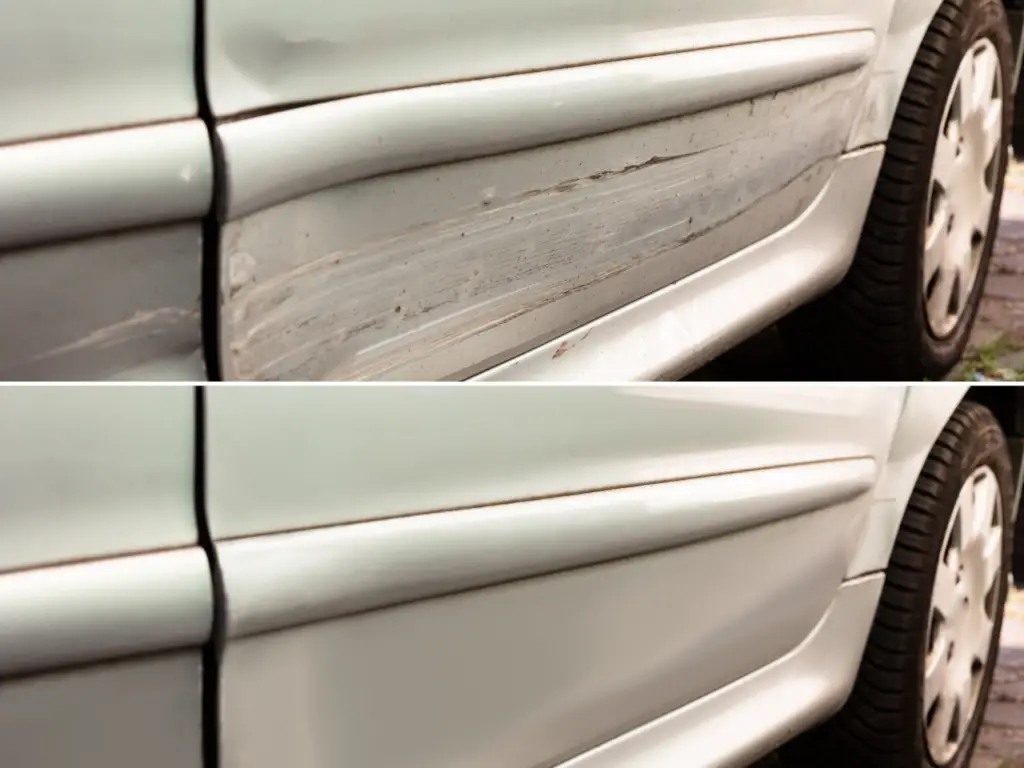 before and after picture of an ash car after applying car scratch remover