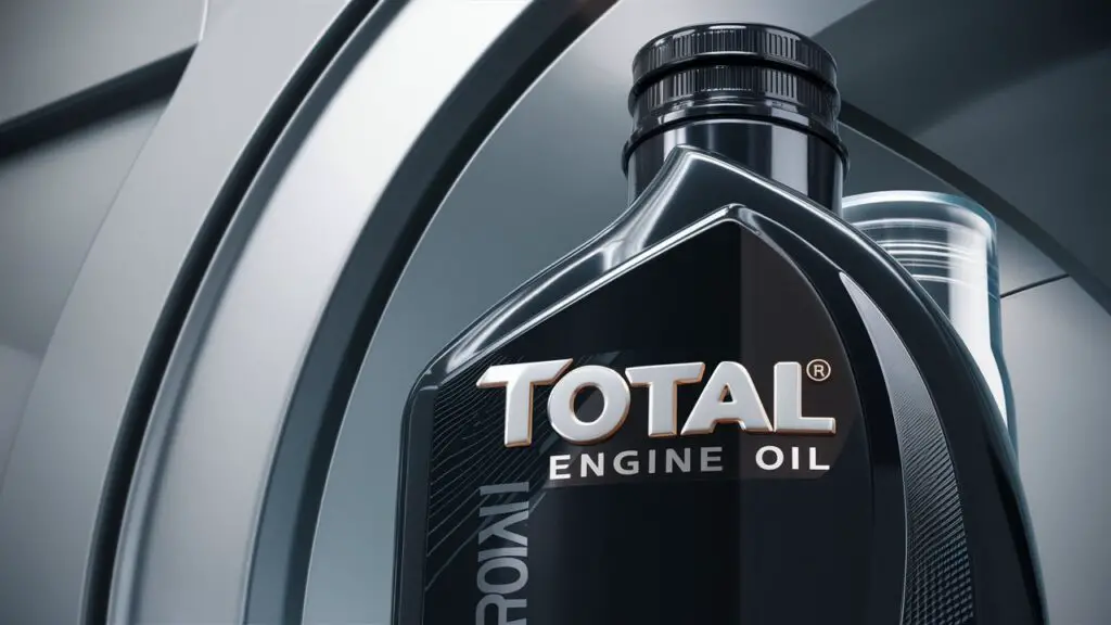 A detailed and realistic image of Total engine oil, displayed in a sleek, modern container. The engine oil is a deep, shiny black color, reflecting light with a slight iridescent glow. The container is transparent, allowing the viewer to see the high-quality lubricant within. The background features a subtle, industrial design that complements the oil's sophistication and performance.