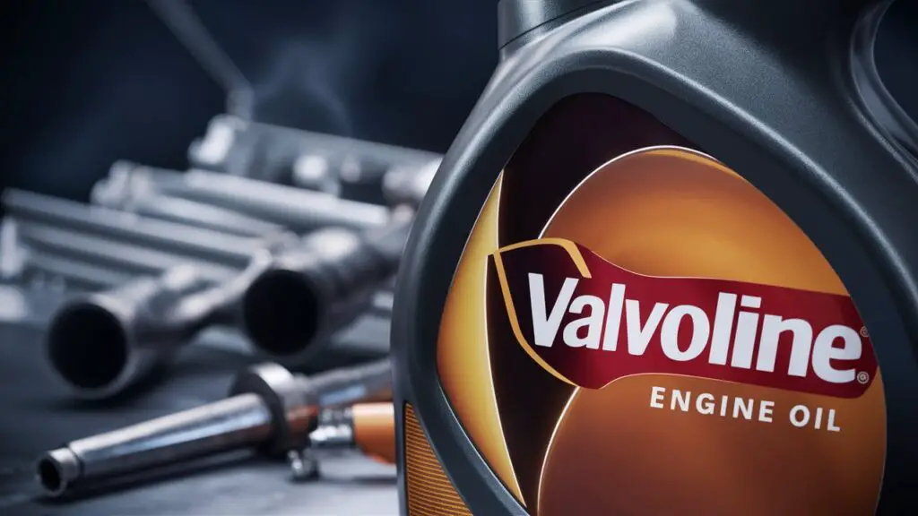 A high-quality, close-up photograph of Valvoline engine oil, with a realistic depiction of its deep amber color and smooth texture. The oil appears to be in a transparent container that allows the viewer to see its thickness and viscosity. In the background, there's a subtle metallic sheen, hinting at the metal components of an engine, and a few industrial tools are scattered, symbolizing the engine maintenance process.