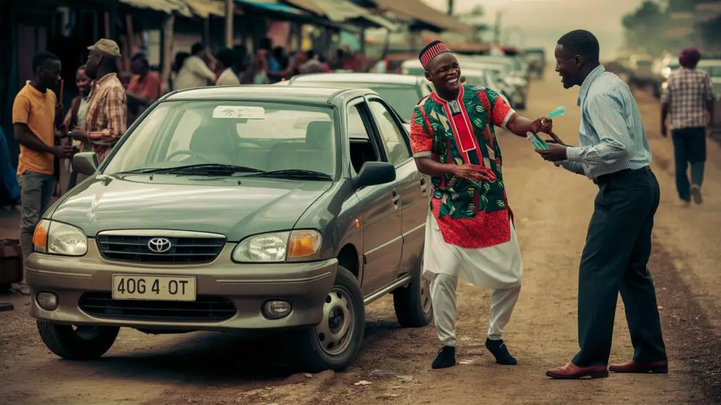 buying a car in nigeria
A realistic image of a Nigerian man in a vibrant traditional attire, haggling with a car salesman over the price of a used but well-maintained car. The car is a Toyota, a popular choice in Nigeria, and it's parked on a dusty, slightly uneven road. The background shows a bustling local market with people chatting and going about their daily routines. The atmosphere is lively, with the sounds of bartering and laughter filling the air.