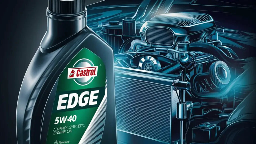A sleek and detailed illustration of Castrol EDGE 5W-40 Advanced Full Synthetic Engine Oil. The bottle is displayed with a glossy finish, and the iconic Castrol logo is prominently displayed. A powerful engine with a radiator is shown in the background, symbolizing the oil's ability to provide optimal power and performance. The overall feel of the image is technologically advanced, with a focus on the oil's superior capacity to protect and enhance the engine's performance.