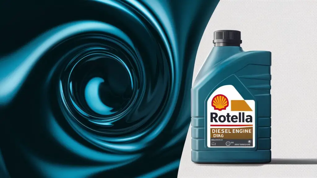 A striking and realistic image of a Shell Rotella diesel engine oil bottle, with a close-up focus on the oil itself, reflecting the vibrant hues of deep blues and greens. The oil appears smooth, with a slightly metallic sheen, as if it is ready to power a diesel engine. The background is minimalist, with a subtle texture that highlights the oil bottle and its label, which displays the Shell Rotella branding prominently.