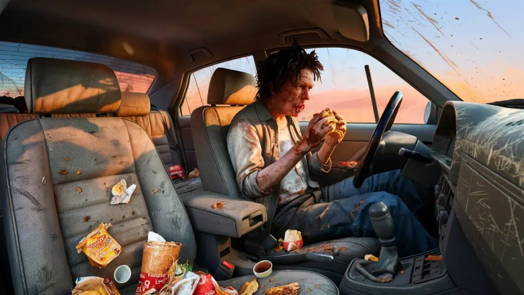 a picture of a man eating in a dirty car