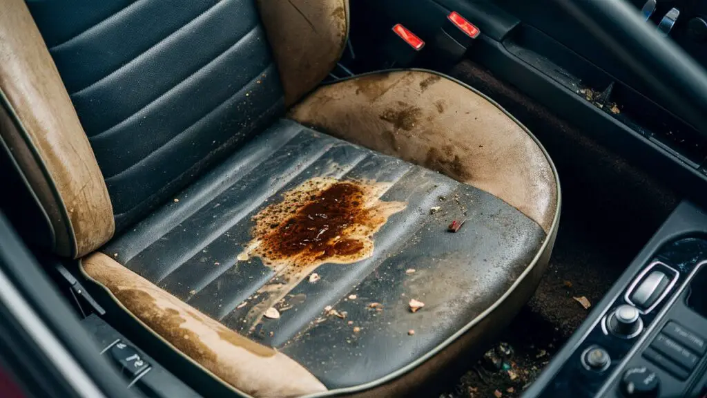  a car seat with stain on it