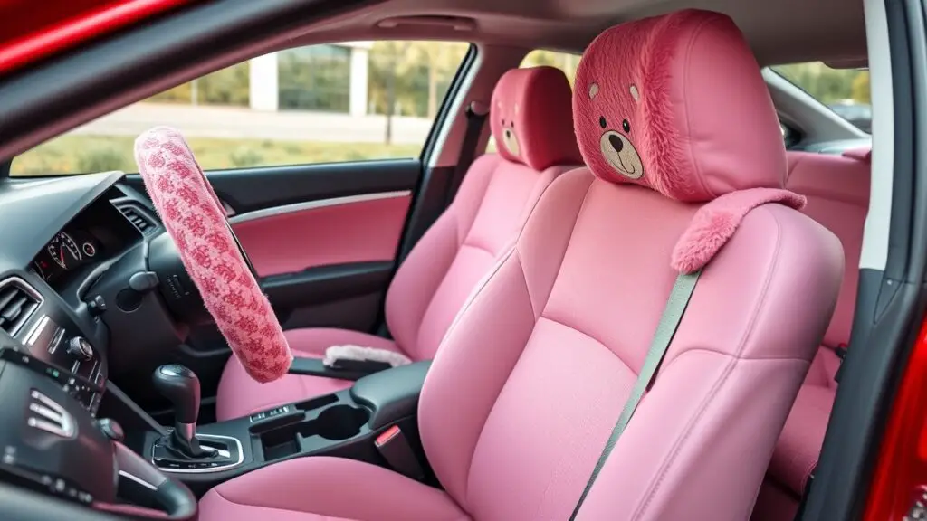 a realistic image of a Honda Civic car. The steering cover is pink. The seat belt cover has a neat teddy bear look. Glittery dashboard decorations. The environment is neat and beautiful.