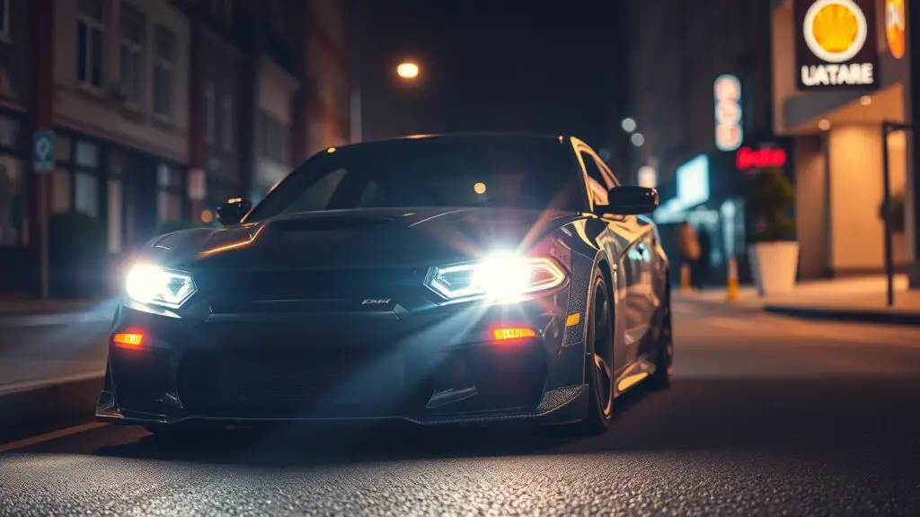 a car with neon headlight at nighttime on a miami street