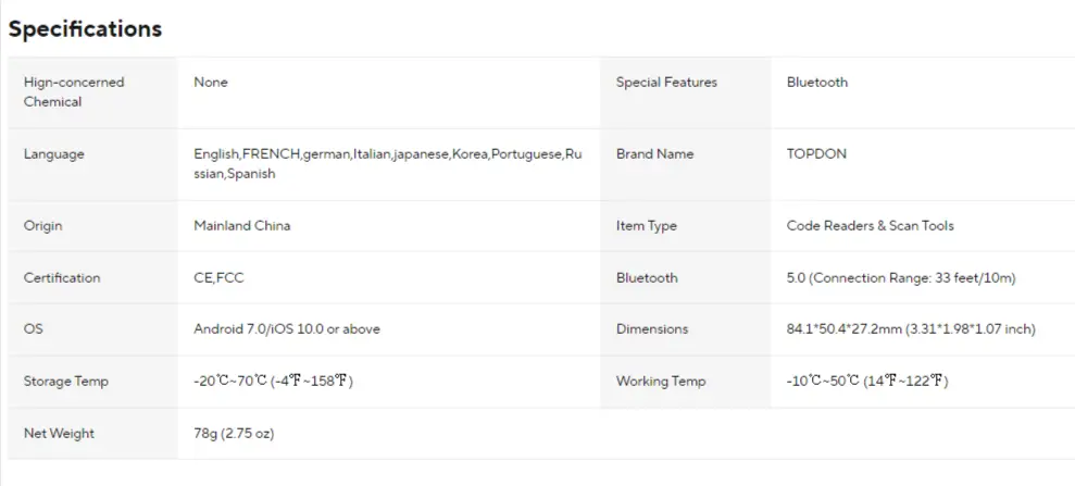 topdon specification section