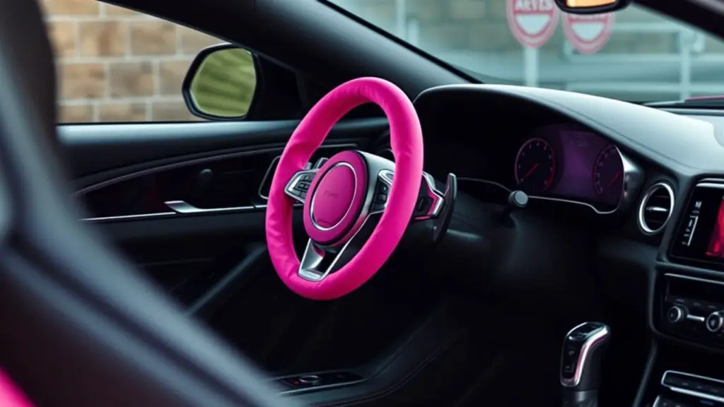 cute car accessories. the interior of a sleek car with a pink steering cover