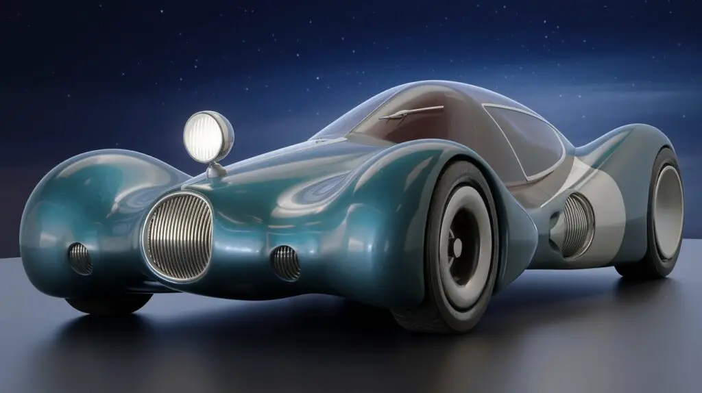 A 3D render of a futuristic car with a unique design. The car has a sleek, aerodynamic body with a single front-facing headlight. The headlight is placed at the top of the front grille. The car has large, round wheel arches and a sloping roofline. The car is painted in a metallic blue color with silver accents. The background is a dark blue sky with a few stars.