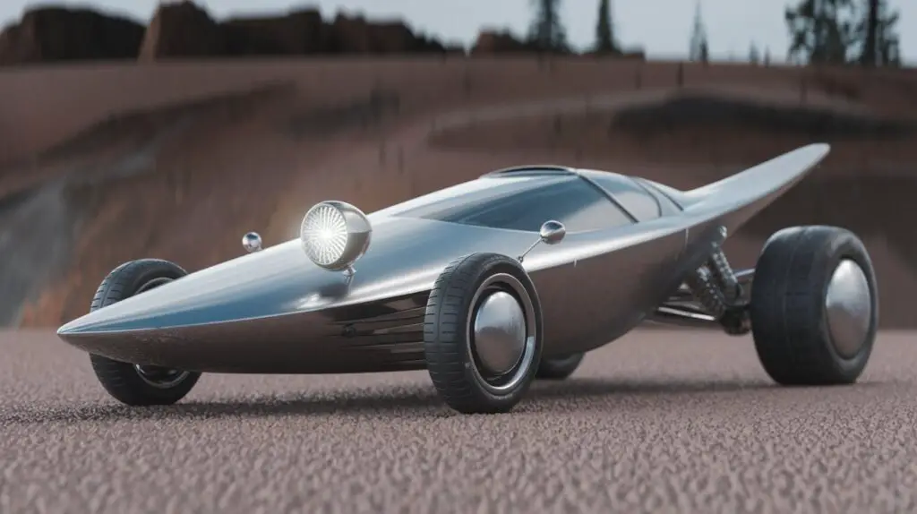 A 3D render of a futuristic car with one front-facing headlight. The car is a sleek, low-to-the-ground vehicle with a pointed nose and a smooth, aerodynamic body. The headlight is placed on the left side of the vehicle, between the front wheel and the hood. The car has large, round wheels and a long tail. The background is a desolate landscape with rocky terrain and a few trees.