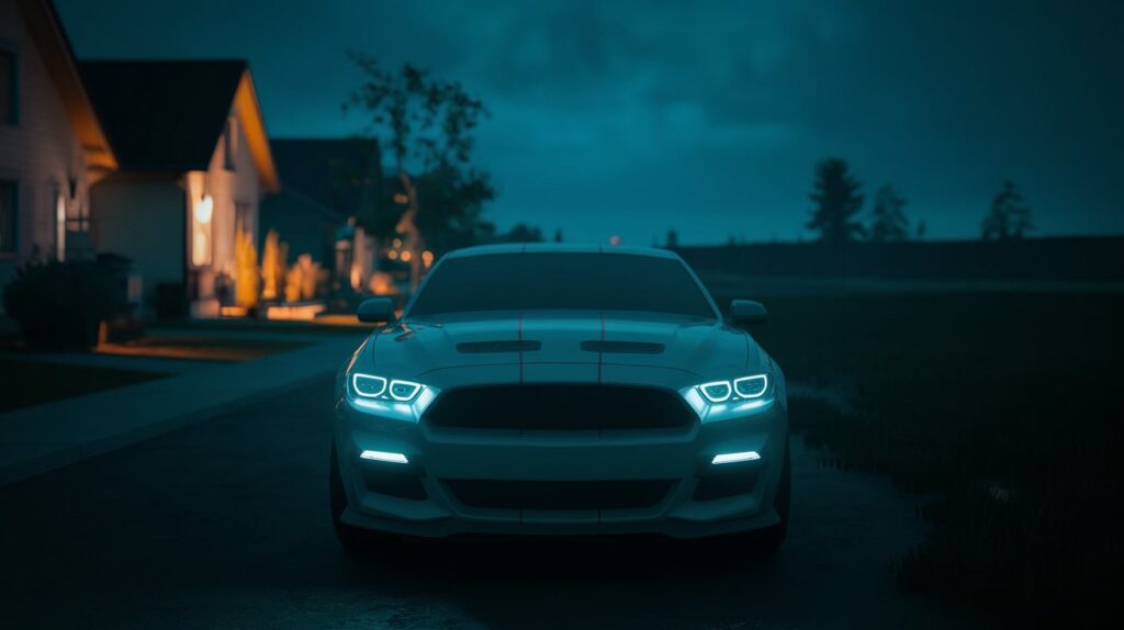 A cinematic shot of a car with its neon blue headlights on in a dark night. The car is parked on a quiet street with a few houses. The houses have warm lighting. The background is vast and dark, with a few trees and a horizon. The overall image has a cool hue.