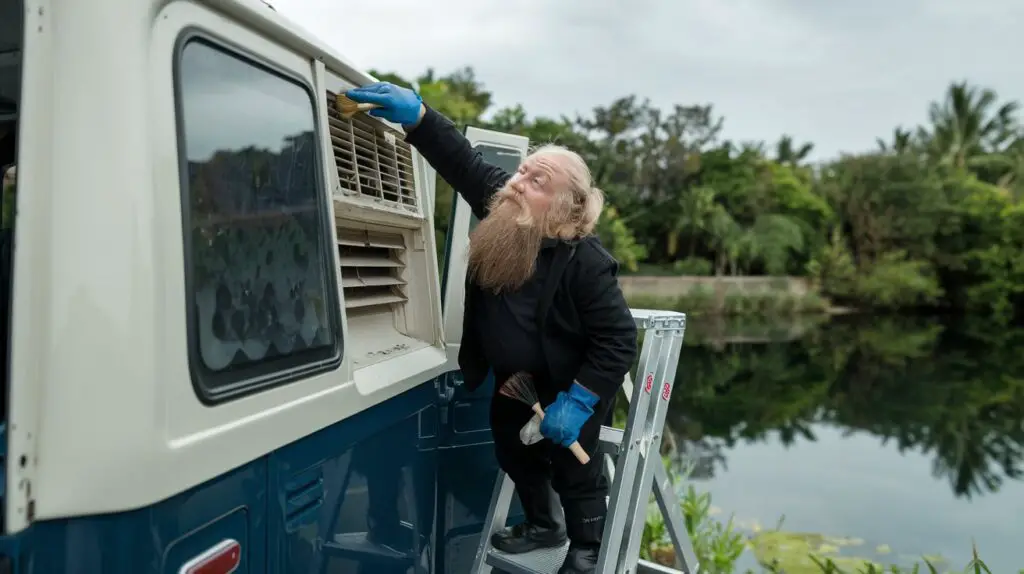 a dwarf man stretching to clean a vent