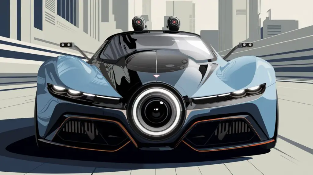 A conceptual illustration of a futuristic car with a single front-facing headlight. The car is a sleek, low-to-the-ground vehicle with a unique, aerodynamic design. The headlight is placed on the front grille and is designed to look like a large, circular camera lens. The car has no side mirrors and instead has small cameras on the roof. The background is a city with tall, futuristic buildings.