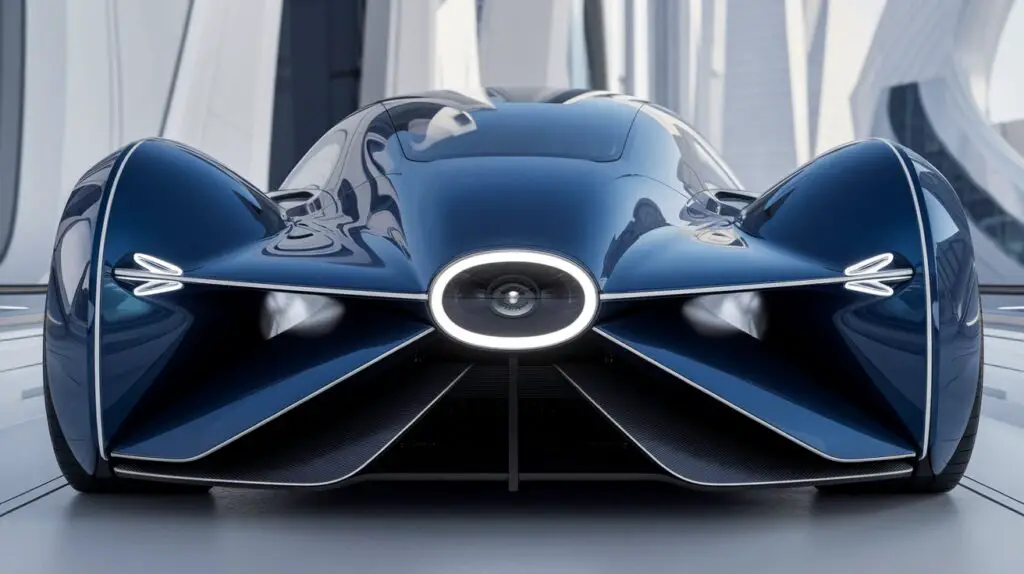 A futuristic car design with a single, front-facing headlight. The car has a sleek, elongated shape and is painted a deep blue. The headlight is located in the center of the car's front grille. The background is a futuristic city with tall, white buildings.