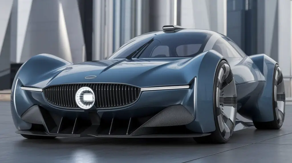 A futuristic car design with one front-facing headlight. The car is a sleek, low-to-the-ground vehicle with a smooth, aerodynamic shape. The headlight is placed in the center of the front grille. The grille has a series of vertical slats. The car has large, round wheel arches and a short rear overhang. The car is painted in a metallic blue shade. The background is a futuristic city with tall, slender buildings.