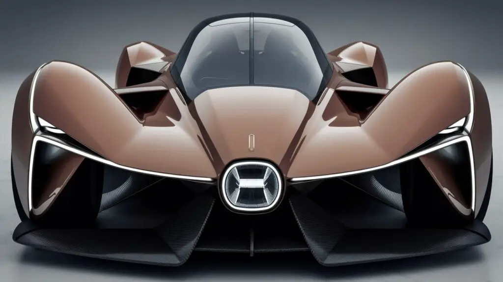 A futuristic car design with one front-facing headlight. The car has a sleek, aerodynamic body with sharp edges and angles. The headlight is placed in a good location on the front of the car, near the top. The overall design is unique and innovative.