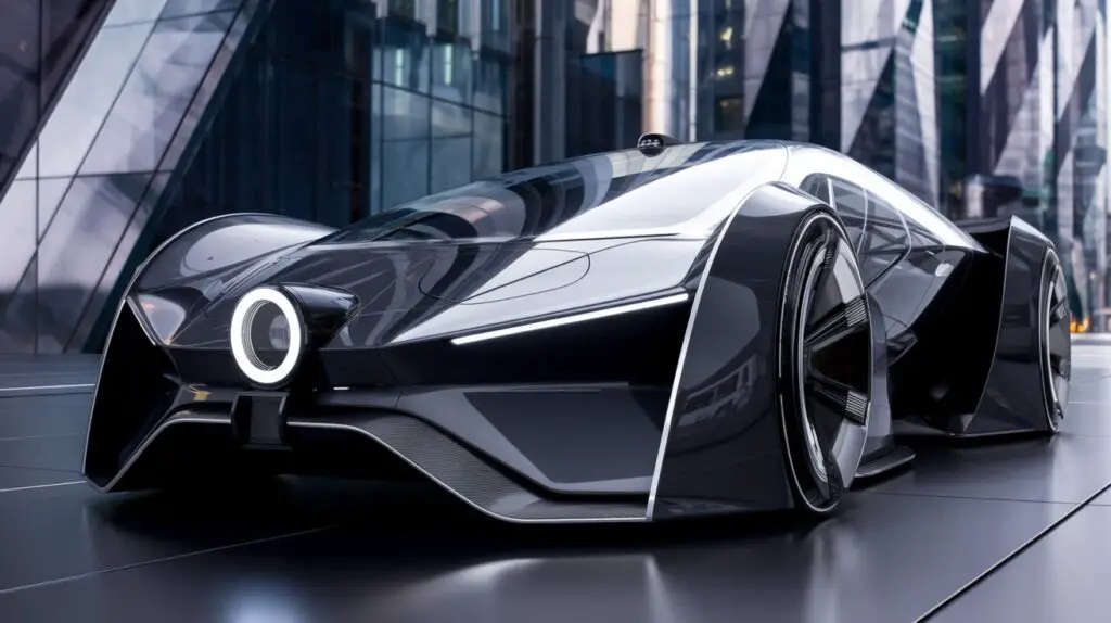 A futuristic car design with one front-facing headlight. The car is a sleek, low-to-the-ground model with sharp angles and edges. The headlight is placed on the front left side of the car, where it is visible and serves its purpose. The car has a glossy black exterior with a few chrome accents. The background is a futuristic city with tall, narrow buildings made of glass and metal.