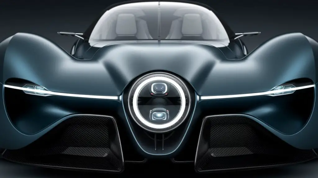 A futuristic car with a single large, round front-facing headlight placed in the center of the vehicle's front grille. The headlight has a sleek, modern design with a matte black finish and a clear lens. The car is a sleek, low-to-the-ground design with smooth, aerodynamic lines. The overall car is a deep, metallic blue colour.