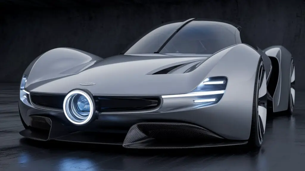 A futuristic car with one front-facing headlight. The car is a sleek, white sports car with a low profile. The headlight is placed in the middle of the car's front grille, above the bumper. The headlight has a circular shape and emits a bright blue light. The car's body is made of a metallic material with a smooth, shiny finish. The background is a dark, empty space.