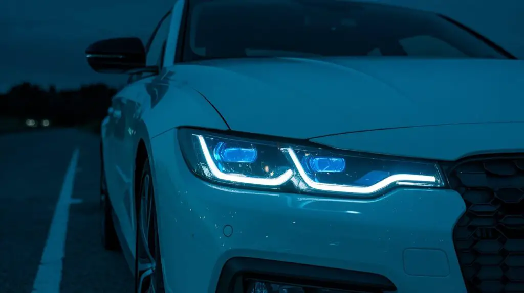 A photo of a car with neon blue headlights. The headlights are bright and emit a cool blue light. The car is parked on the side of a road at night. The background is dark and murky.