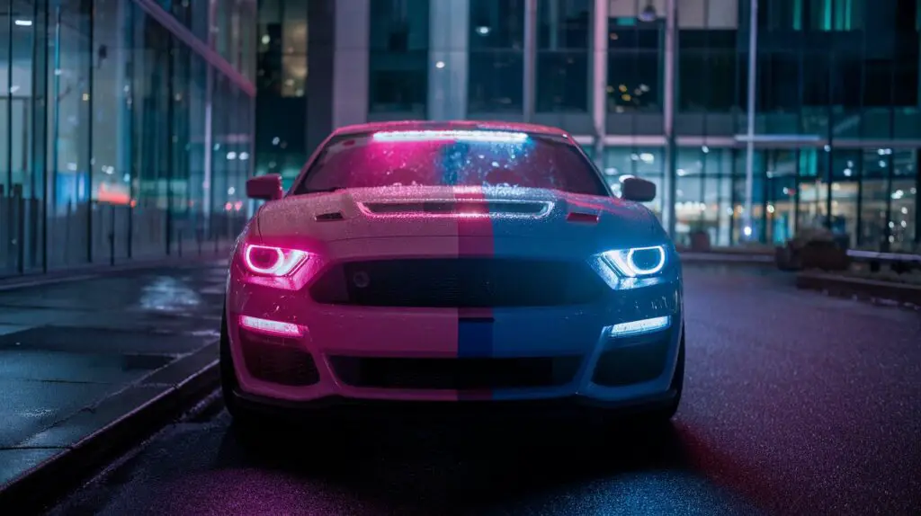 A photo of a car with neon pink and blue headlights. The car is parked on a street at night. The background contains tall buildings with glass windows. The street is wet.