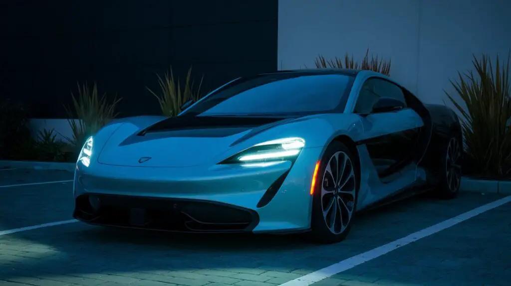 Neon car Headlights
A photo of a parked car with bright neon blue headlights. The headlights are illuminated, casting a blue glow on the ground and the nearby wall. The car is a sleek, modern design with a silver body and black accents. The background is dark, with a few plants and a wall.