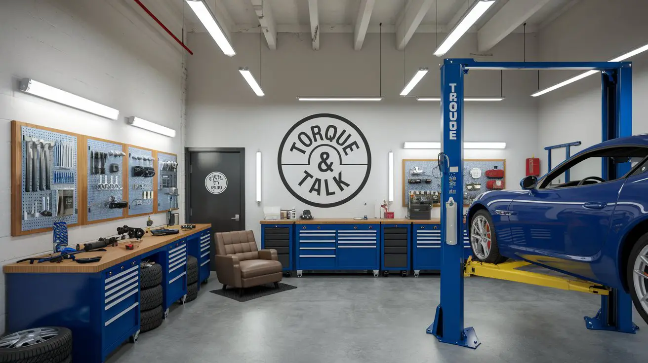 auto repair shop name. A photo of a realistic workshop with the name "Torque & Talk" on a wall. The workshop contains various car parts, tools, and a sleek car on a lift. There is a comfortable-looking chair in the corner. The lighting is bright, and the walls are painted white. The floors are concrete. The shop is located in the city.