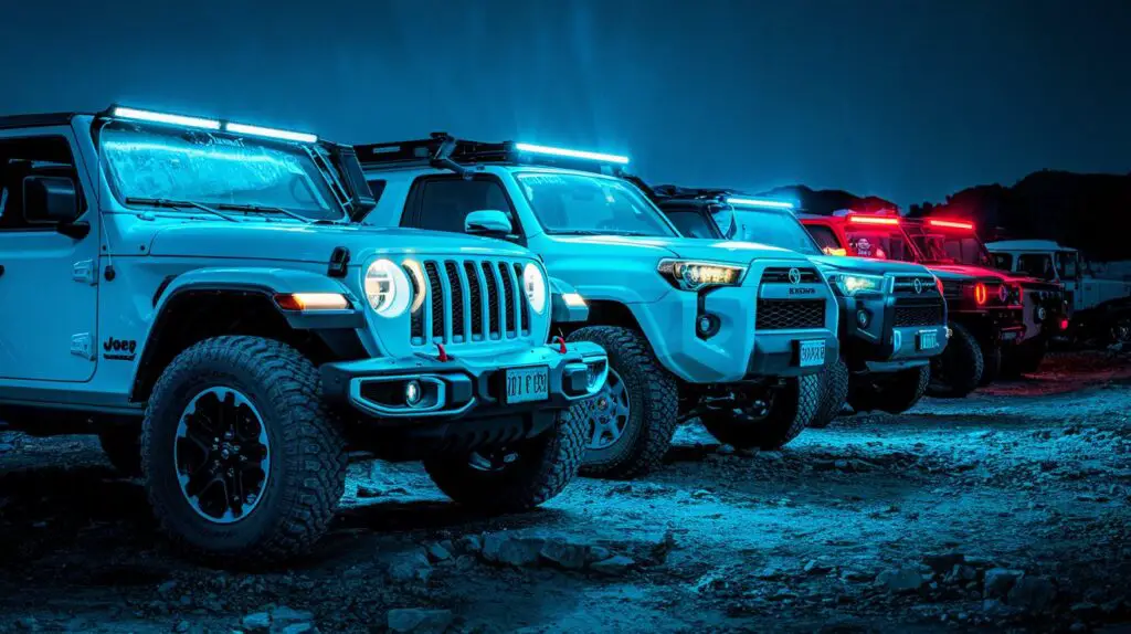 A photo of a row of off-road vehicles with their neon car headlights on. There's a Jeep Wrangler, a Toyota 4Runner, and a few other vehicles with similar designs. The vehicles are parked on rocky terrain, and the neon lights cast a blue hue over the scene. The background is dark.