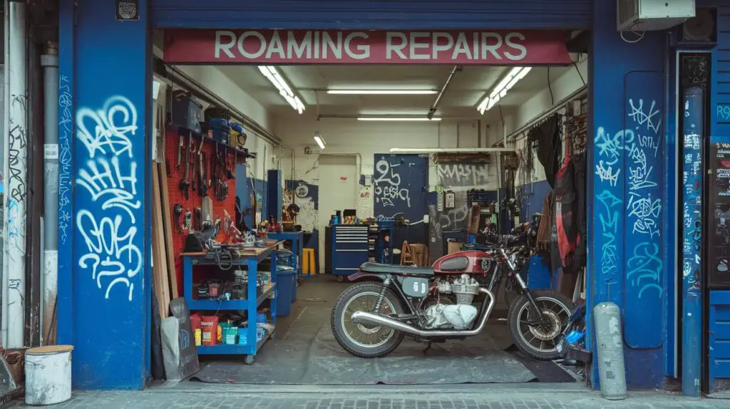 A photo of a workshop named Roaming Repairs, located in a busy place in the city. The workshop is filled with various tools and equipment. There's a motorcycle in the background with its engine exposed. The walls are painted with graffiti. The floor is covered with a tarpaulin. The overall image is bright and clean.