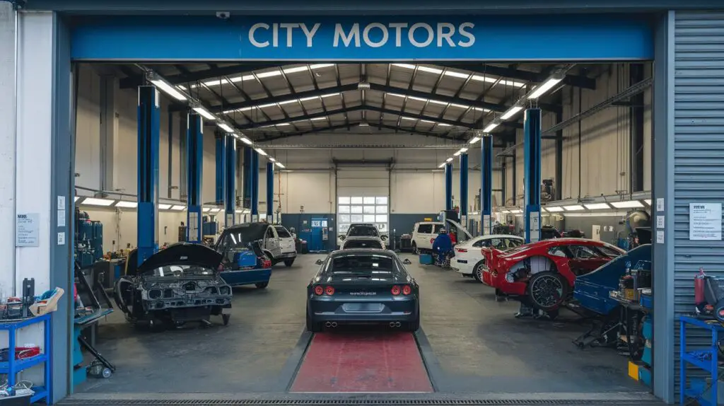 A photo of a workshop with the name "City Motors" displayed on a sign above the entrance. The workshop contains various cars and vehicles in different stages of repair or maintenance. There are tools and equipment scattered around the workshop. The environment is clean and well-organized.