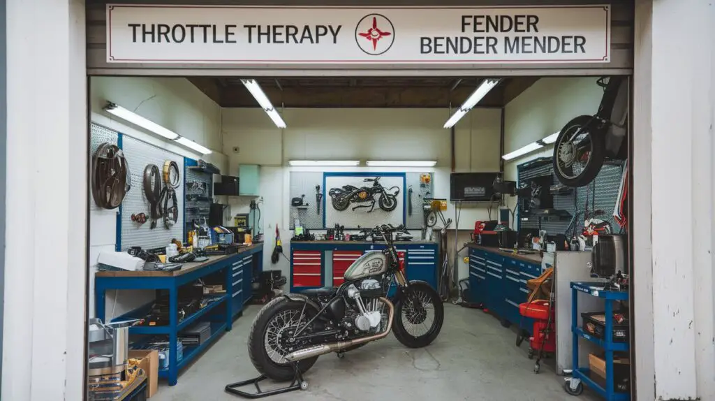 A photo of a workshop with the name "Throttle Therapy" or "Fender Bender Mender" on a sign above the entrance. The workshop has various motorcycle parts and tools. There is a motorcycle with a flat tire in the workshop. The environment is clean and well-organized.