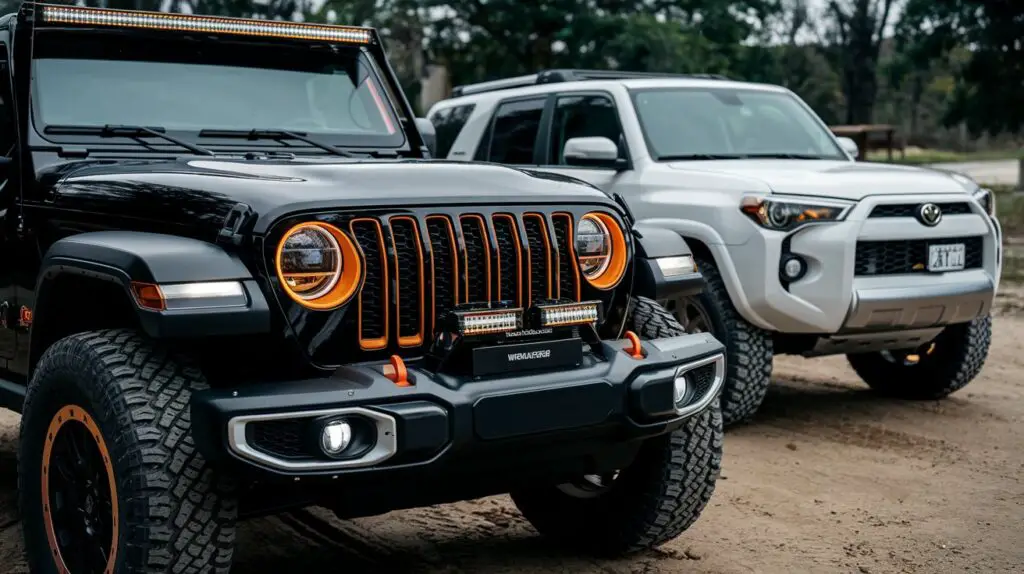 A photo of neon car headlights on off-road vehicles, including a Jeep Wrangler and a 4Runner. The Jeep Wrangler has a black exterior with orange accents, including the headlights. The 4Runner has a white exterior. Both vehicles are parked on a dirt road. The background contains trees.