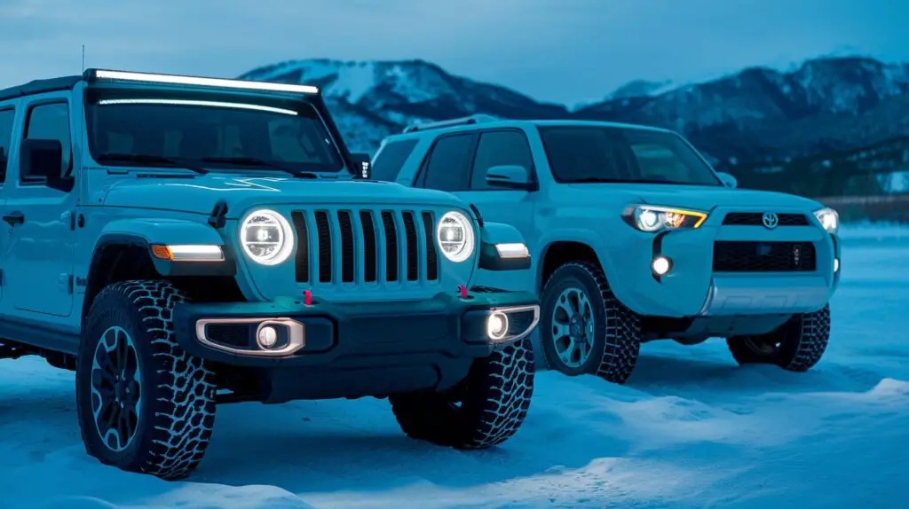 A photo of neon car headlights on off-road vehicles, including a Jeep Wrangler and a 4Runner. The vehicles are parked in a snowy landscape with mountains in the background. The headlights are bright and illuminate the ground in front of the vehicles. The overall image has a cool blue hue.