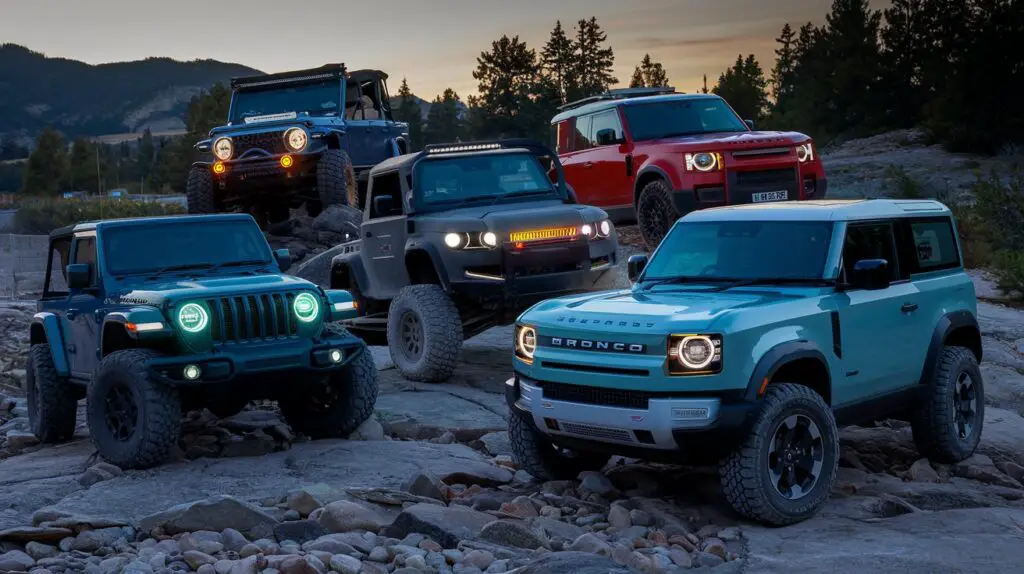 A photo of various off-road vehicles with neon car headlights. There's a Jeep Wrangler, a 4Runner, a Land Rover Defender, and a Ford Bronco. The vehicles are parked on a rocky terrain. The background contains mountains and trees.