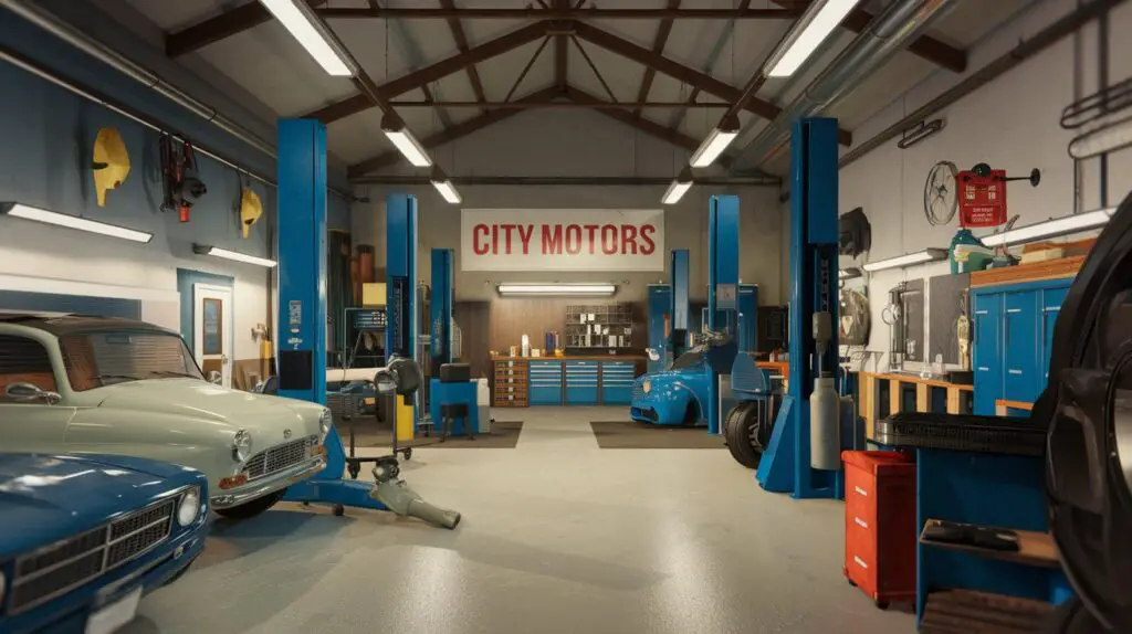 A realistic workshop image with the name "City Motors.". The environment is pleasant and reserved. There are various vehicles, tools, and equipment. The lighting is soft.