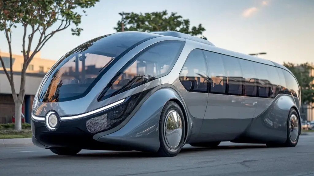 A sleek, futuristic bus with a unique design. The bus has a long, streamlined body with a single headlight on the front. The body is made of shiny metal and has a few windows. The bus is parked on a street with a few trees and buildings in the background. The sky is clear.