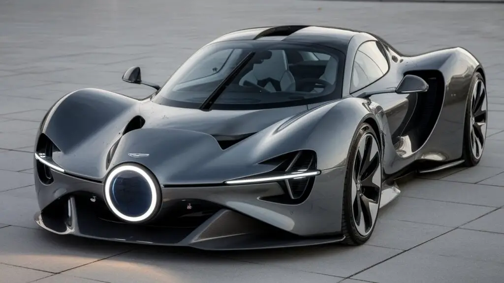 A sleek new generation car with a unique design of having only one large, circular headlight in the front. The car has a futuristic, aerodynamic shape with sharp lines and angles. The body is made of a shiny, metallic material that reflects the surroundings. The car is parked on a flat, paved surface.