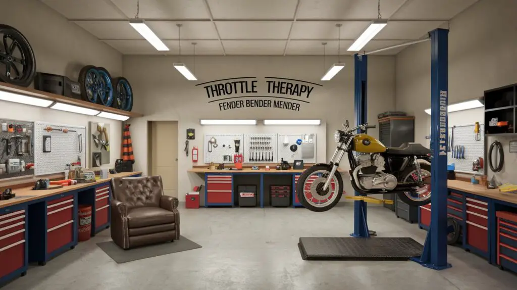 An image of a realistic workshop with the name "Throttle Therapy" or "Fender Bender Mender". The workshop has various motorcycle parts, tools, and a motorcycle on a lift. There is a comfortable-looking chair in the corner. The lighting is bright, and the walls are painted white. The floors are concrete.