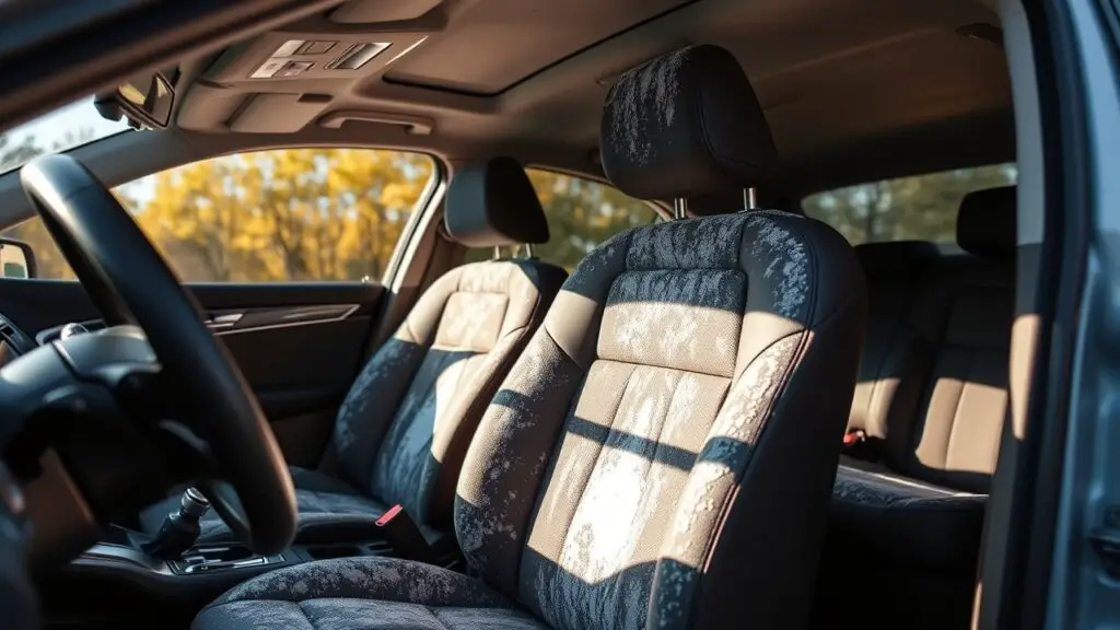 a car with a bright interior with baking soda sprinkled on the driver's seat