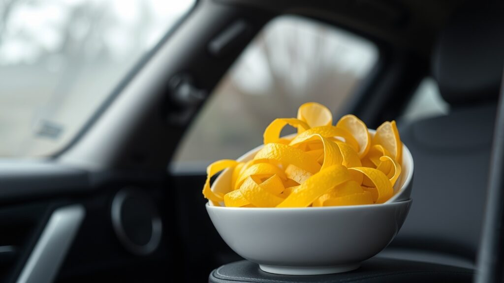 a bowl of citrus peel placed on car seat 