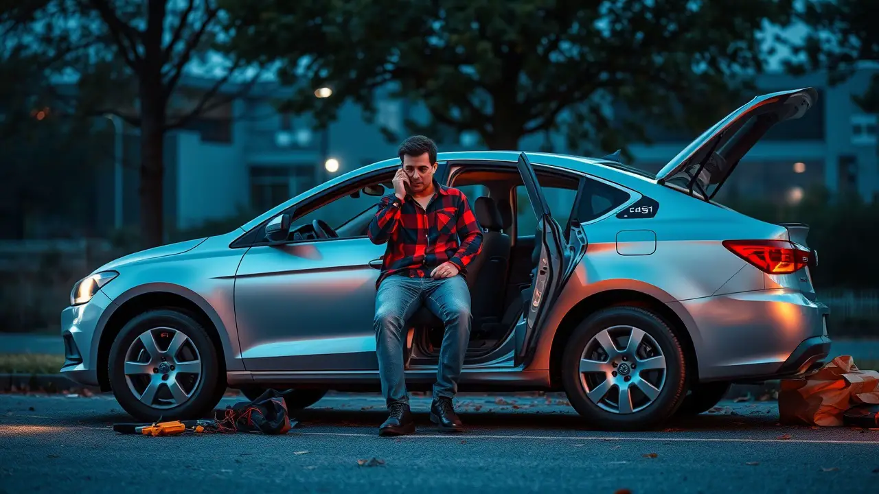 image of a car scene where the owner is using his phone to call for help because there is no repair manual. auto repair manual