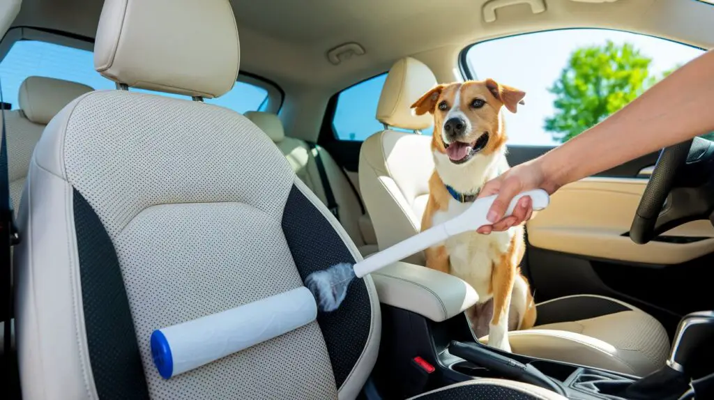 A clean car interior with a focus on the upholstery. The seats are beige with black patterns. There is a hand using a lint roller to remove pet hair from the seats. A happy dog is sitting in the car, emphasizing the connection. The background is bright and engaging, with a blue sky and green trees outside the car.