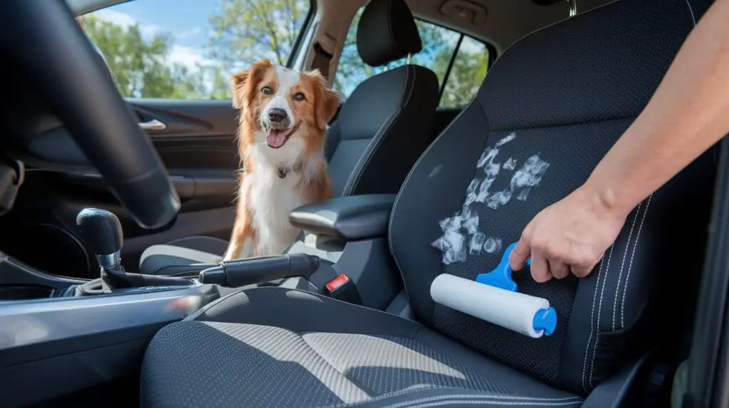 A photo of a clean car interior with a focus on the upholstery. There's a hand using a lint roller to remove pet hair from the seats. A happy dog is sitting in the car. The background is a sunny day with blue skies and trees.