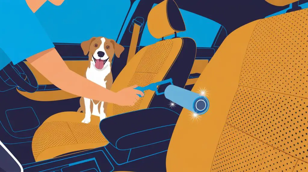 A photo of a clean car interior with a focus on the upholstery. There's a hand using a lint roller to remove pet hair from the seats. A happy dog is sitting in the car. The background is a sunny day with blue skies and trees.