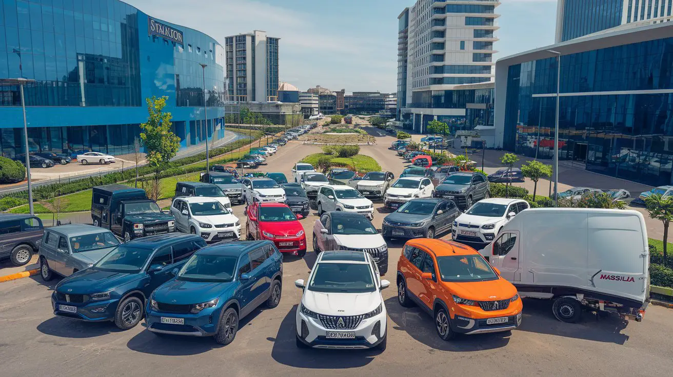 vibrant and dynamic landscape of Nigerian automobile companies. The image should feature a variety of vehicles, including passenger cars, SUVs, and commercial vehicles, set against a backdrop of modern Nigerian cityscapes and infrastructure. Highlight the logos of prominent Nigerian automobile companies such as Stallion Group, Peugeot Nigeria, and Massilia Motors, emphasizing their contribution to the automotive industry in Nigeria