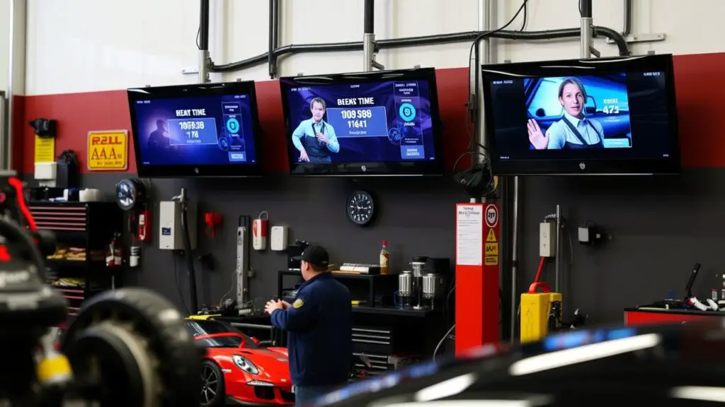 A workshop with digital screens providing real-time updates on repair progress or showcasing promotional content. These displays keep customers informed and engaged