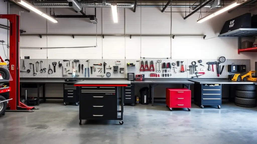 A mechanic workshop featuring customizable workbenches tailored to individual mechanic preferences. Each workstation is equipped with adjustable-height benches, modular tool storage, and personalized pegboards for easy access to frequently used tools. The layout includes hydraulic lifts for vehicle repairs, tire racks, and a well-organized parts storage area. The workbenches are designed to be reconfigured based on the mechanic’s needs, promoting efficiency and comfort. This setup boosts morale by allowing mechanics to have control over their workspace, creating a productive and personalized environment.”