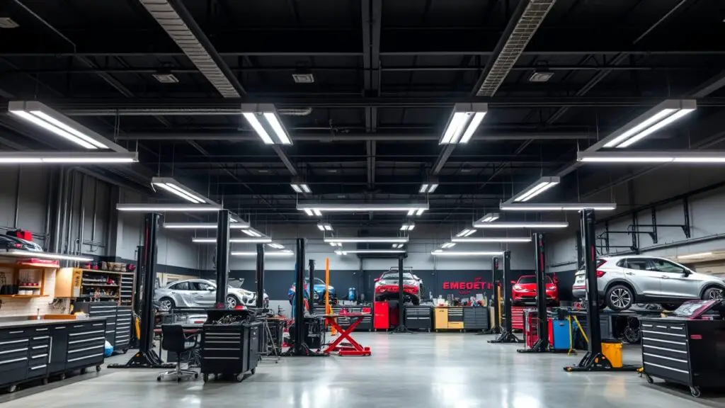 A well-lit mechanic workshop equipped with energy-efficient LED lighting fixtures. The bright illumination enhances visibility during intricate repairs, while consuming less power. The layout includes spacious workstations with adjustable benches, tool racks, and hydraulic lifts. The combination of efficient lighting and functional design creates a productive and eco-friendly environment.”