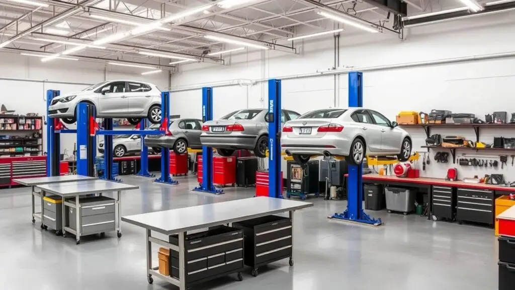 A versatile mechanic workshop equipped with flexible vehicle lifts capable of accommodating various car sizes and types. The layout includes spacious workstations with adjustable benches, tool racks, and organized parts storage. The flexible lifts ensure no job gets turned away due to equipment compatibility issues, enhancing the workshop’s versatility and efficiency